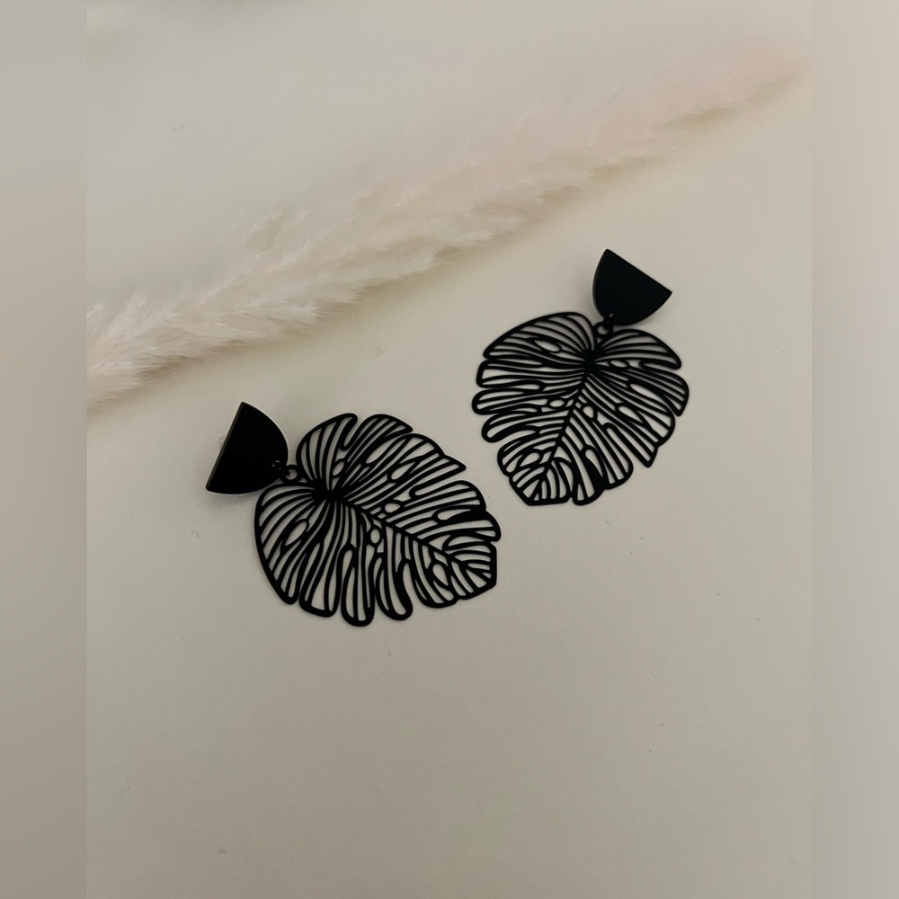 Classic Black Leaf Statement Earrings - Large Boh… - image 5